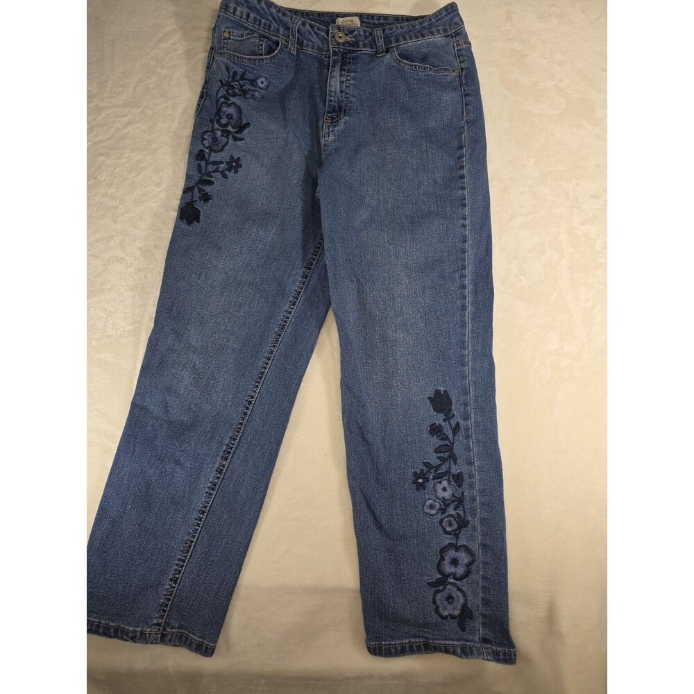 Camila Coelho Floral Embroidered Straight Ankle Jeans Medium Wash Stretch 10